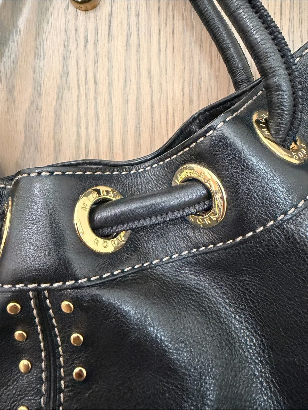 Michael Kors Black Leather Tote with Gold Stud Accents